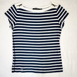 Lauren Ralph Lauren Striped Top Medium Zipper Shoulders Short Sleeve Women